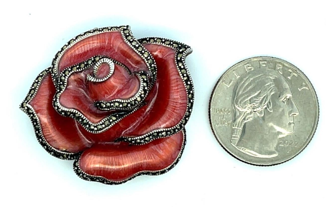 Judith Jack Sterling Silver Marcasite & Enameled Rose Brooch / Pendant 16.9 Gram - Image 6