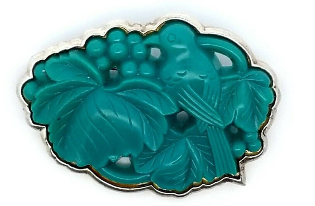 Sterling Silver Carved Lucite Bird & Berry Brooch/Pin 19.6 Grams