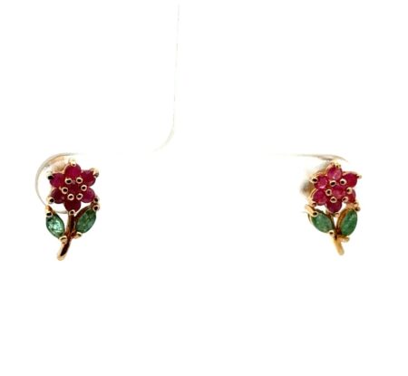 .925 Gold Vermeil Natural Ruby & Emerald Flower Earring Studs, 1.8g