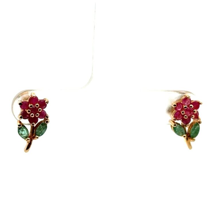.925 Gold Vermeil Natural Ruby & Emerald Flower Earring Studs, 1.8g