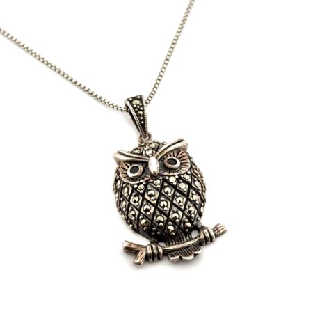 18” Vintage 925 Sterling Silver Marcasite Owl Pendant Box Chain Necklace 8.6g