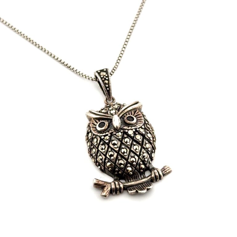18” Vintage 925 Sterling Silver Marcasite Owl Pendant Box Chain Necklace 8.6g