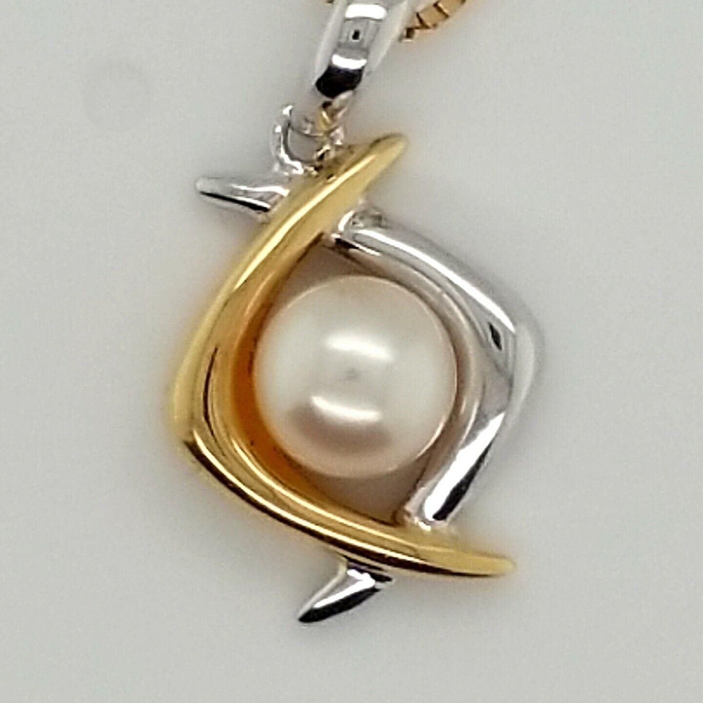20” Albert David 14K Gold Necklace w/ Pearl Pendant, 2 Tone Gold Setting - Image 3