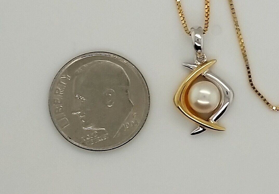 20” Albert David 14K Gold Necklace w/ Pearl Pendant, 2 Tone Gold Setting - Image 7