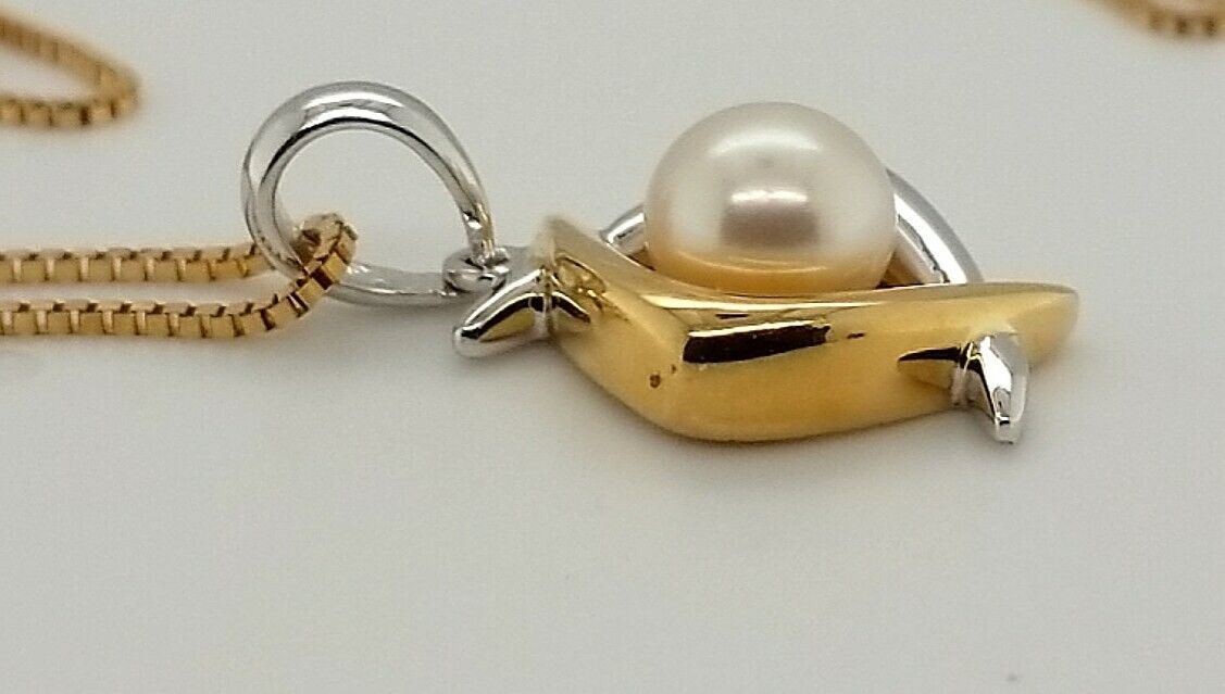 20” Albert David 14K Gold Necklace w/ Pearl Pendant, 2 Tone Gold Setting - Image 8