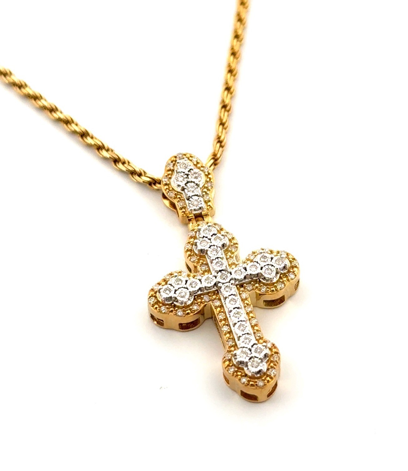 24” Gold Vermeil 925 Sterling Silver Diamond Cross Pendant Rope Chain Necklace