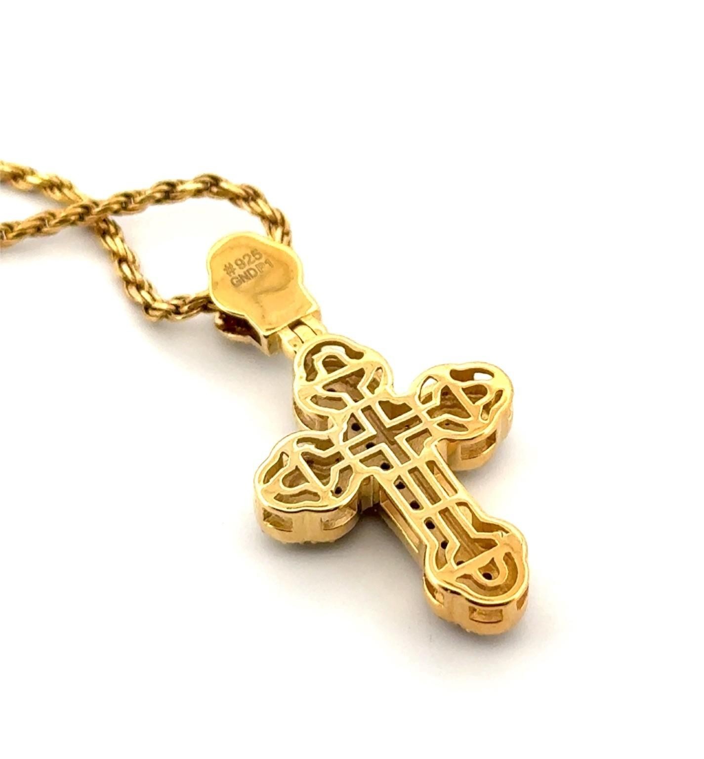 24” Gold Vermeil 925 Sterling Silver Diamond Cross Pendant Rope Chain Necklace - Image 4