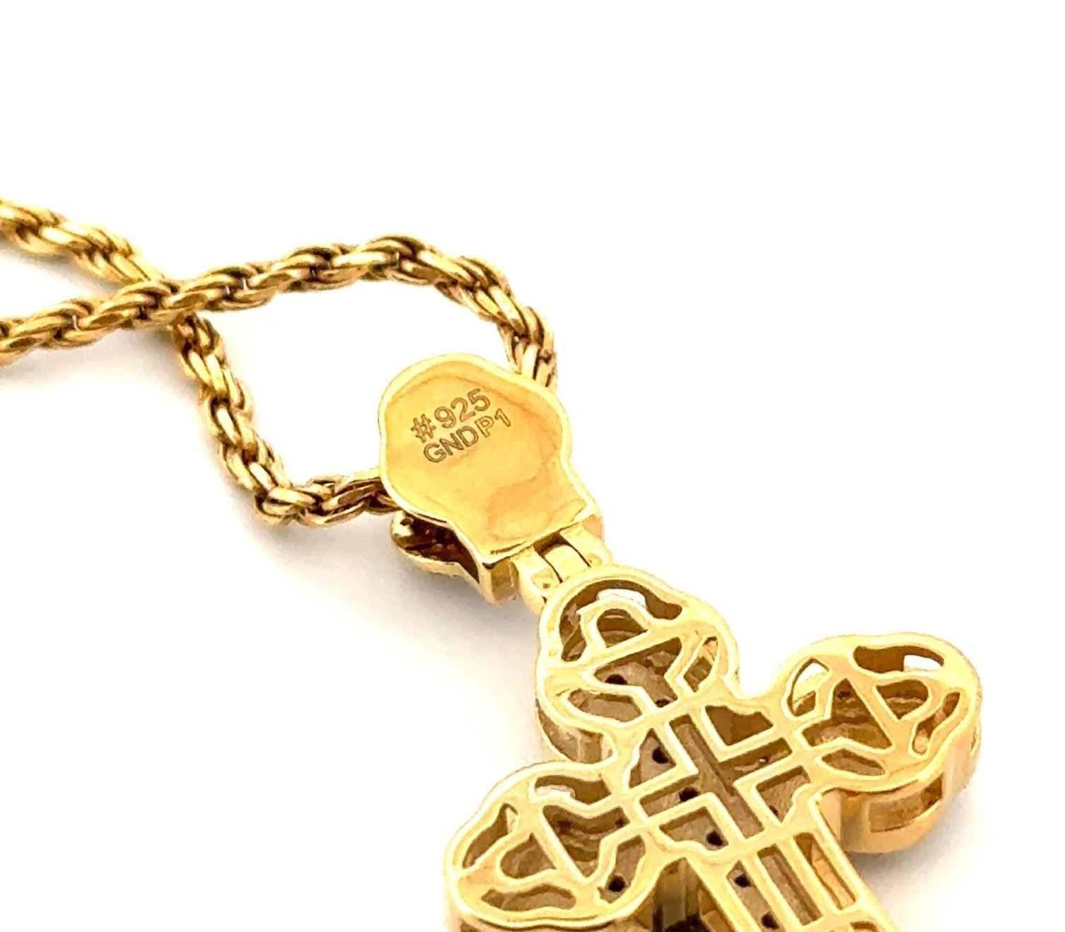24” Gold Vermeil 925 Sterling Silver Diamond Cross Pendant Rope Chain Necklace - Image 5