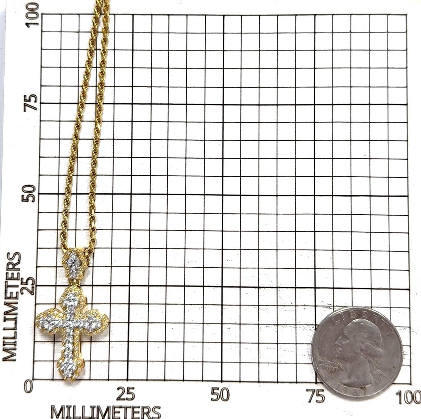 24” Gold Vermeil 925 Sterling Silver Diamond Cross Pendant Rope Chain Necklace - Image 10