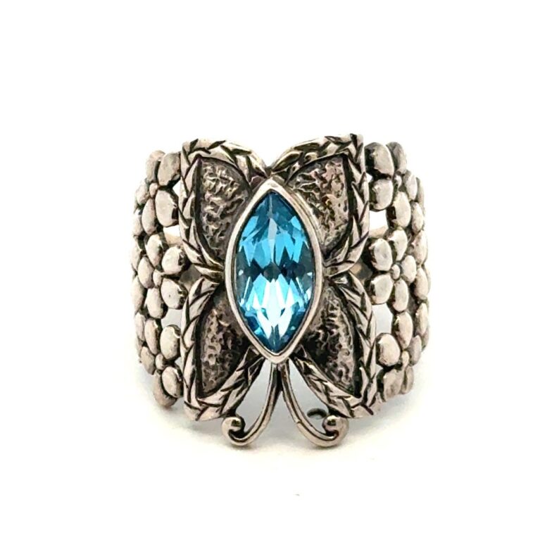 .925 Sterling Silver Butterfly Ring Marquise Shaped Blue Topaz Ring Size 10 7.2g
