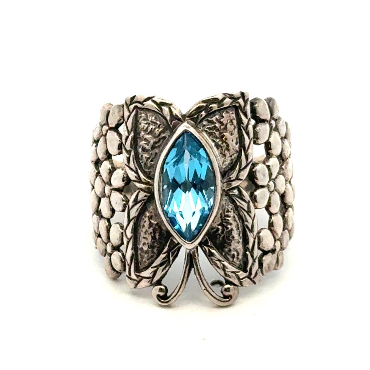 .925 Sterling Silver Butterfly Ring Marquise Shaped Blue Topaz Ring Size 10 7.2g