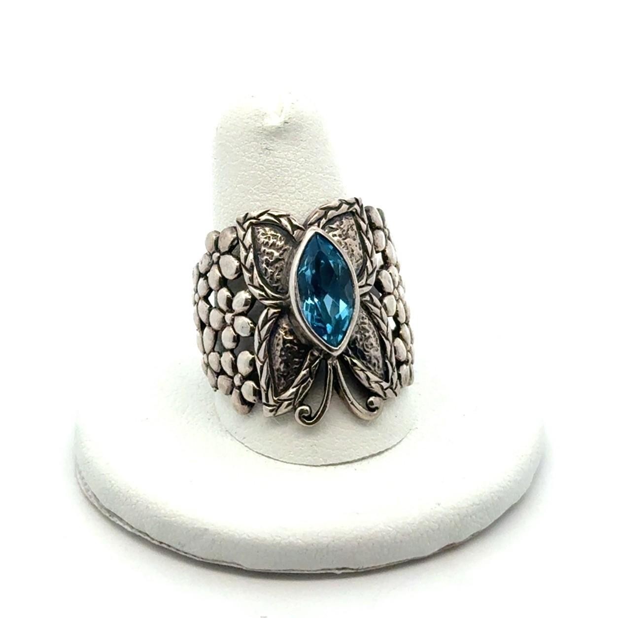.925 Sterling Silver Butterfly Ring Marquise Shaped Blue Topaz Ring Size 10 7.2g - Image 4