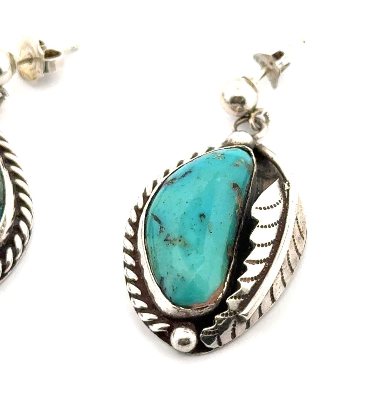 Native American 925 Sterling Silver Turquoise Dangle Earrings 9.7g - Image 5