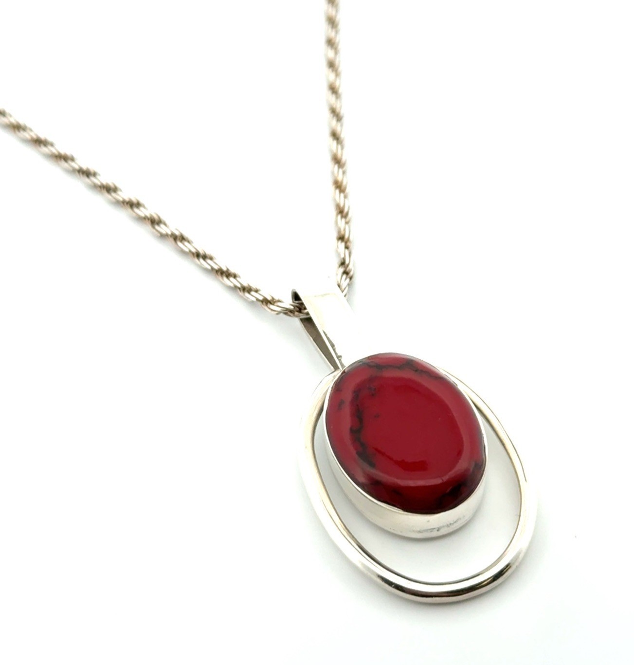 21” x 2.5mm Mexico 925 Sterling Silver Red Jasper Pendant Rope Chain Necklace