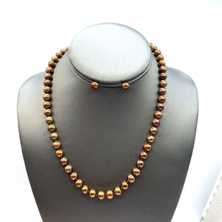 Chocolate 7.8 mm Pearl Necklace and Stud Earrings Set 14k Yellow Gold