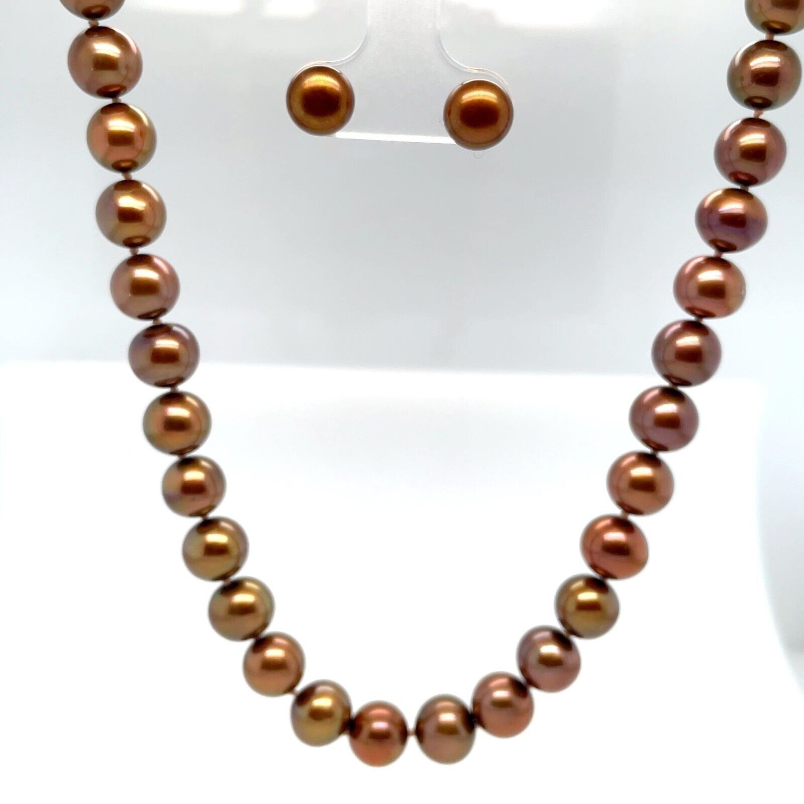 Chocolate 7.8 mm Pearl Necklace and Stud Earrings Set 14k Yellow Gold - Image 2