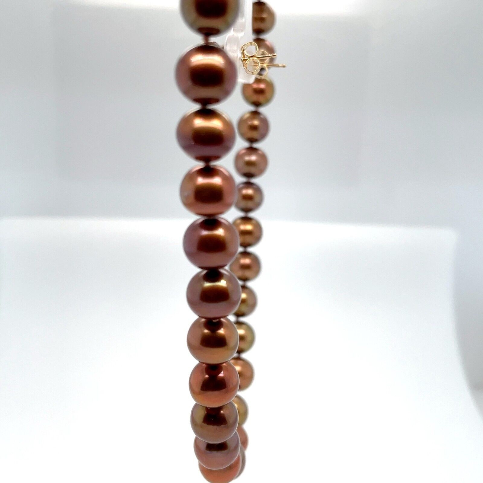 Chocolate 7.8 mm Pearl Necklace and Stud Earrings Set 14k Yellow Gold - Image 3