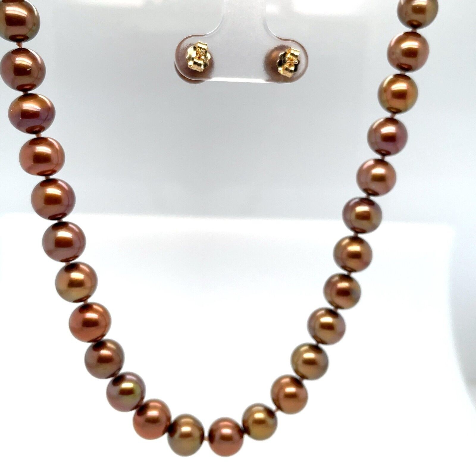 Chocolate 7.8 mm Pearl Necklace and Stud Earrings Set 14k Yellow Gold - Image 4
