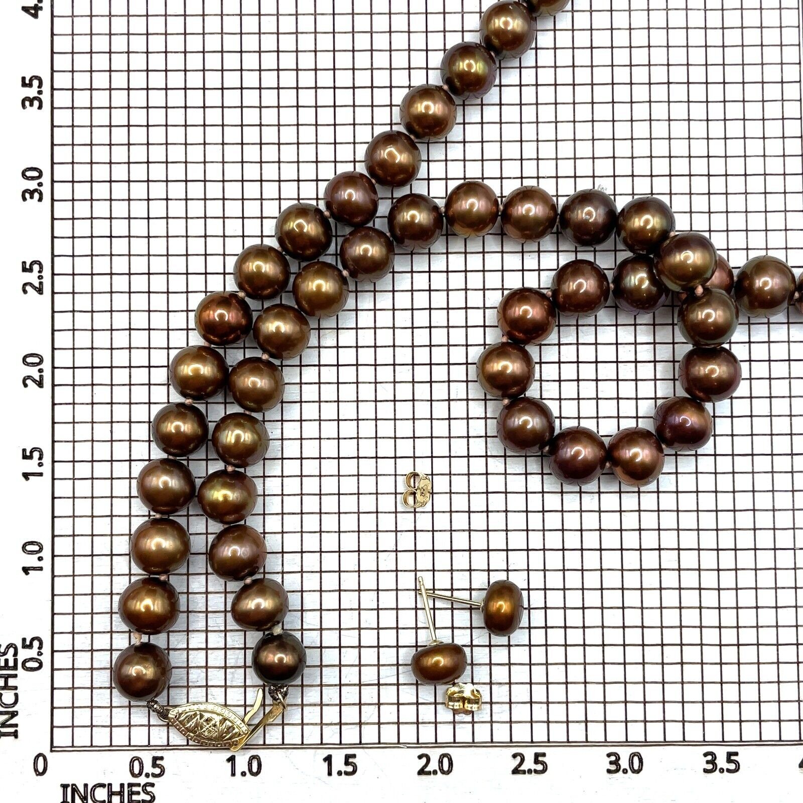 Chocolate 7.8 mm Pearl Necklace and Stud Earrings Set 14k Yellow Gold - Image 5