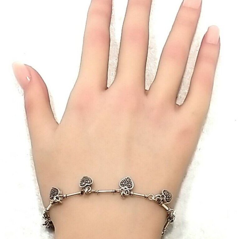 925 Sterling Silver Marcasite Heart Link Tennis 7" Bracelet 9.1 Grams