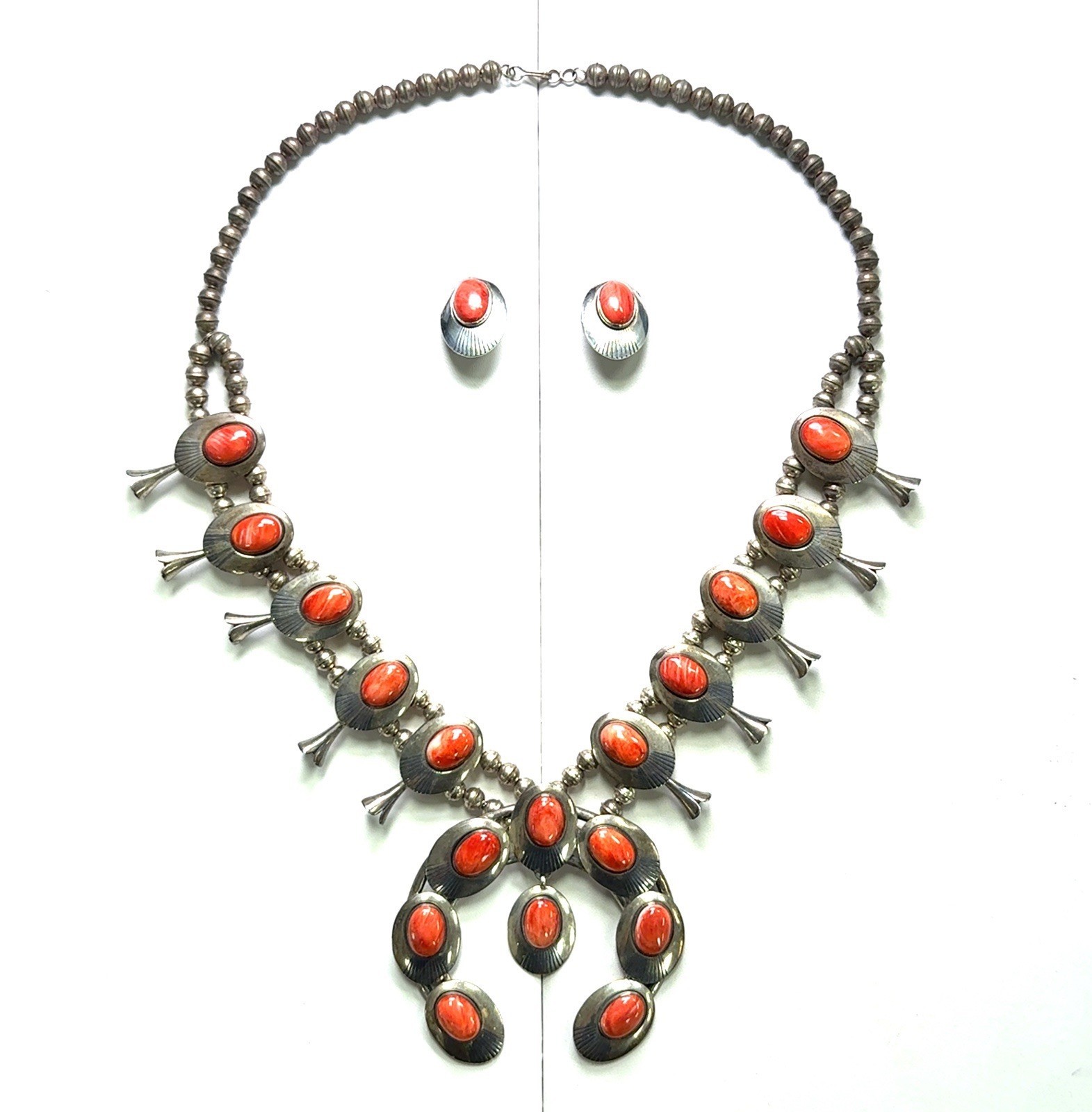 23” Navajo Ella Peter 925 Sterling Silver Spiny Oyster Squash Blossom Set 135.4g