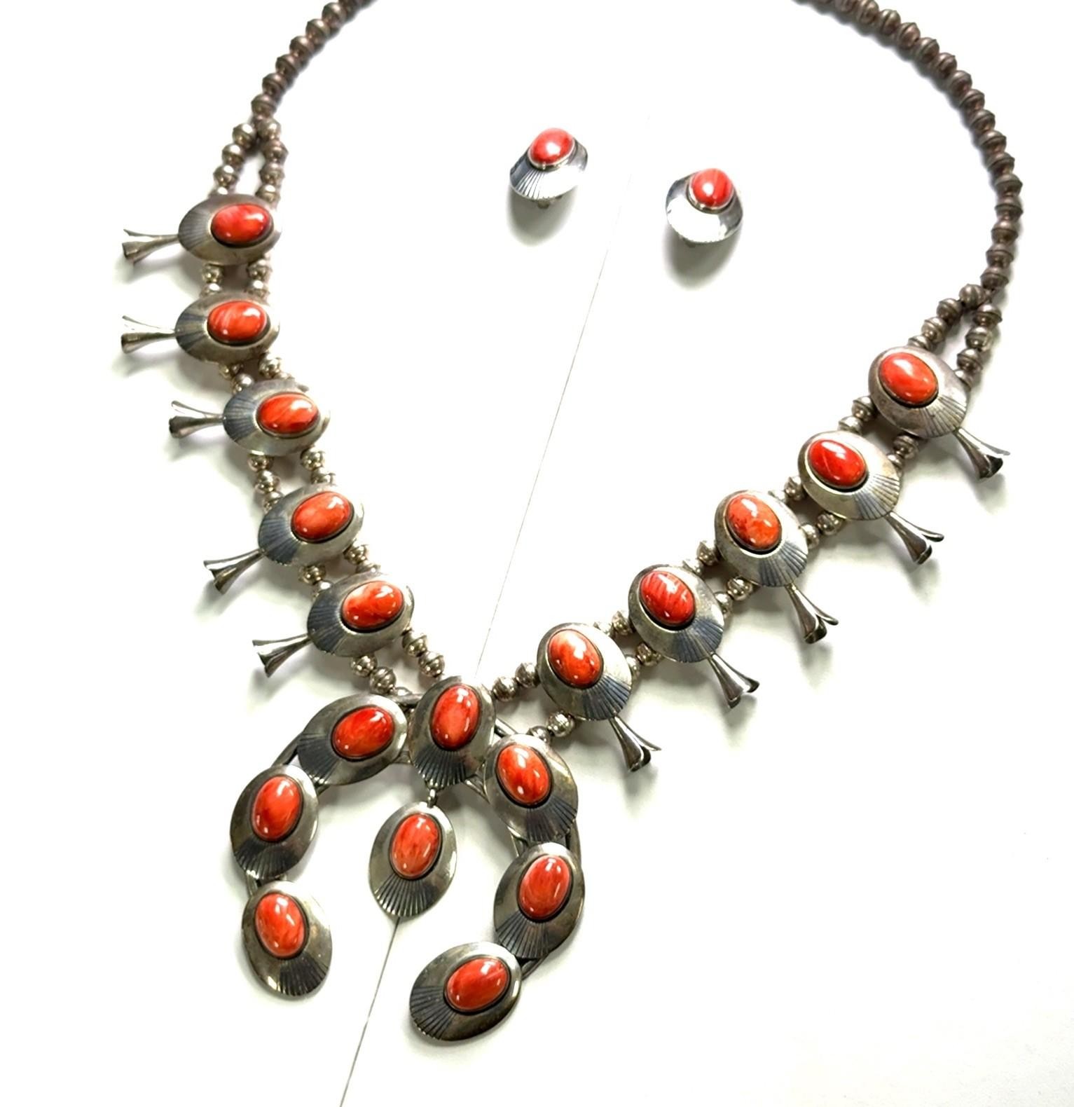 23” Navajo Ella Peter 925 Sterling Silver Spiny Oyster Squash Blossom Set 135.4g - Image 2