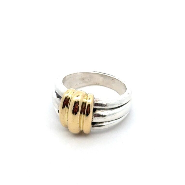 .925 Sterling Silver 750 18k Yellow Gold Ring, Size-7, 9.7g