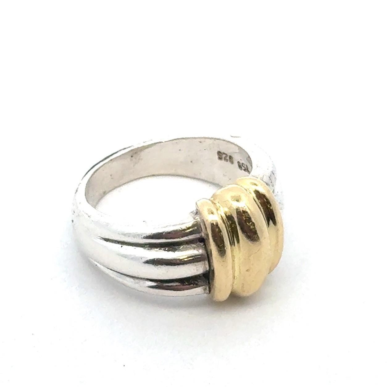 .925 Sterling Silver 750 18k Yellow Gold Ring, Size-7, 9.7g - Image 5