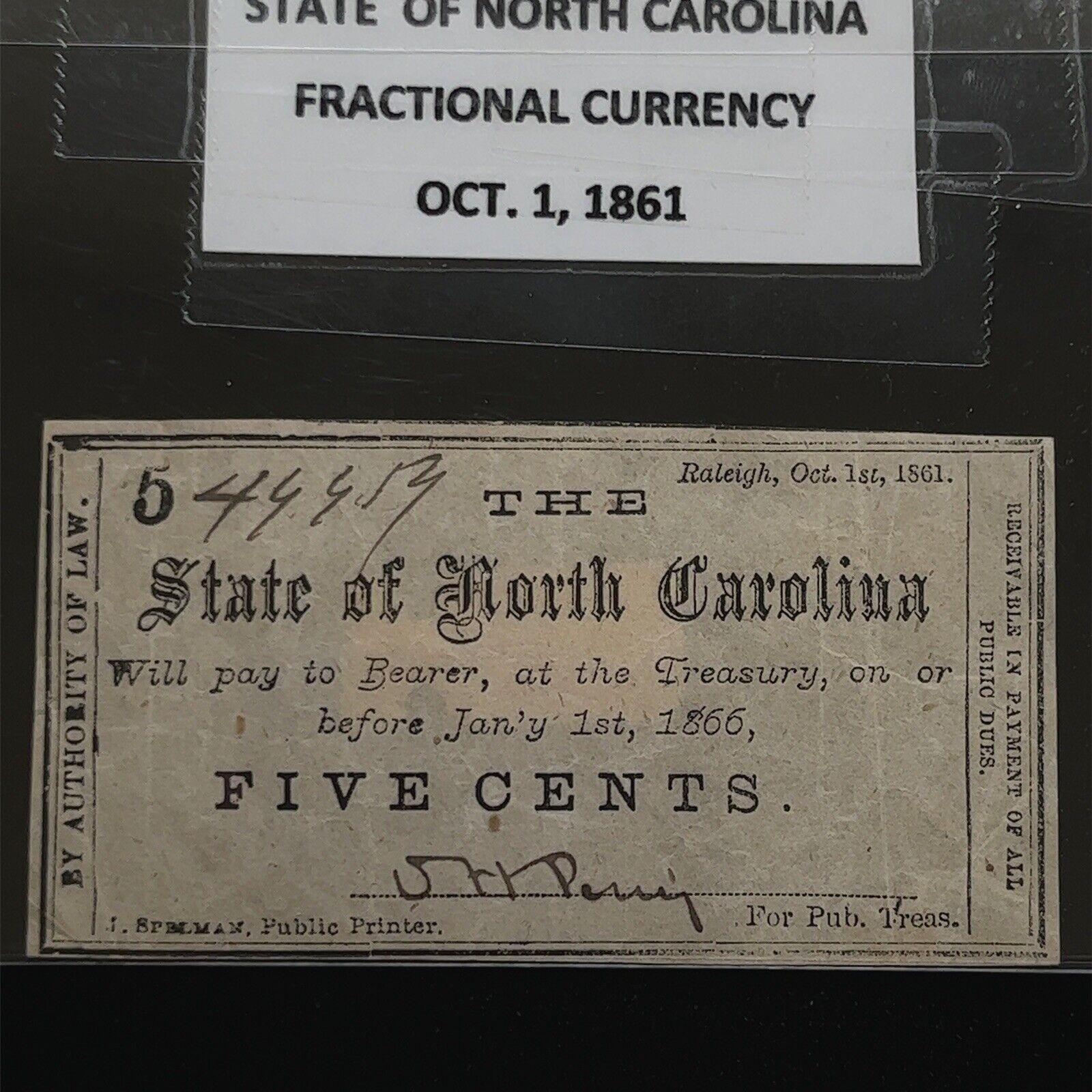 $0.05 Five Cents State of North Carolina Fractional Currency Oct. 1st, 1861 - Image 2
