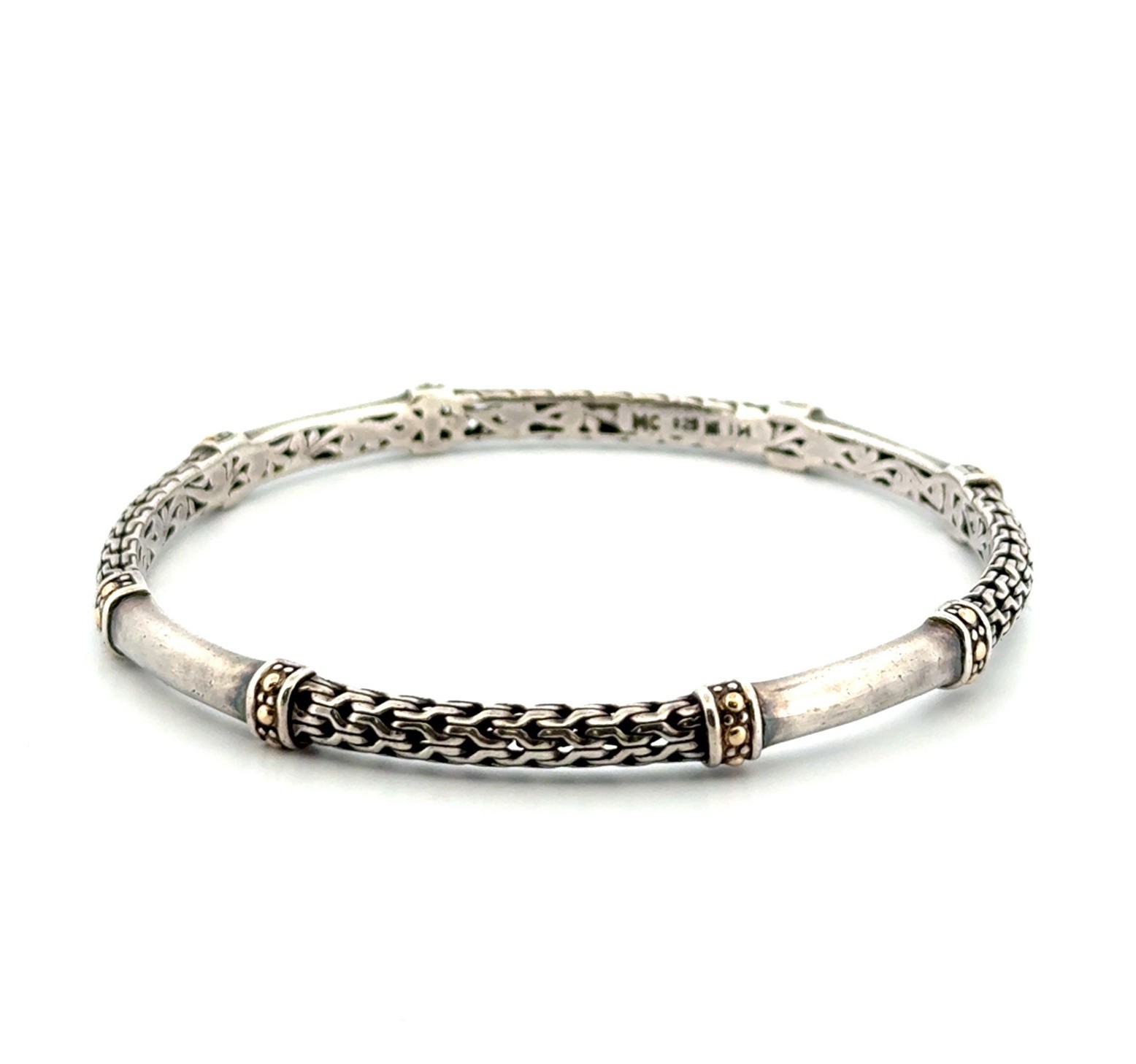 7.75” 925 Sterling Silver & 14k Gold Accented Intricate Bangle Bracelet 13.4g