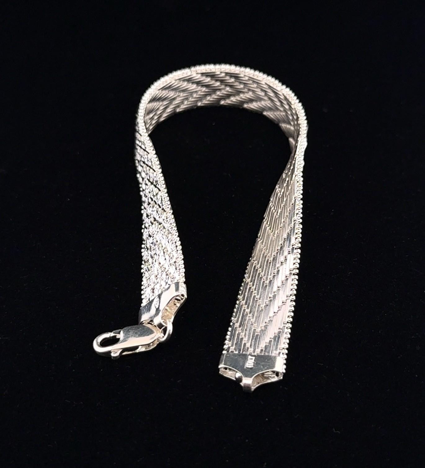7.75” Italy 925 Sterling Silver Chevron Textured Wrap Mesh Bracelet 28.8g - Image 8