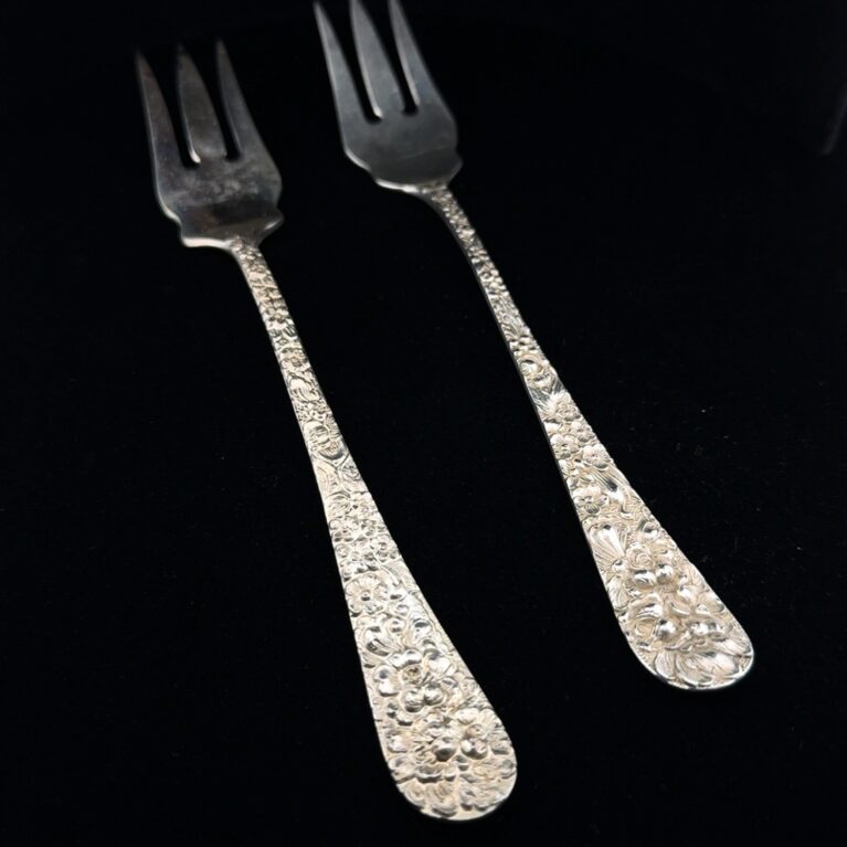 Pair of 6” Stieff 925 Sterling Silver Rose Old Style Pickle Fork Repousse 54g