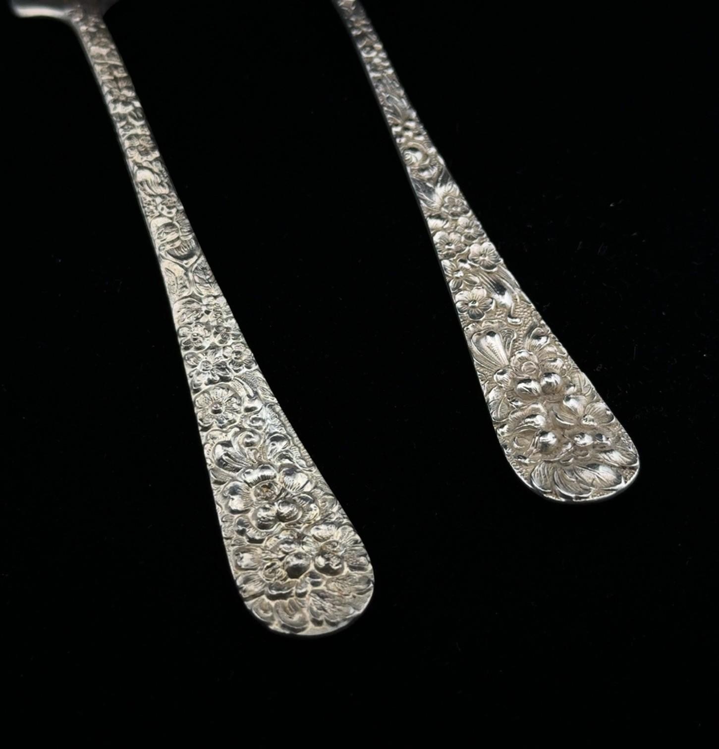 Pair of 6” Stieff 925 Sterling Silver Rose Old Style Pickle Fork Repousse 54g - Image 2