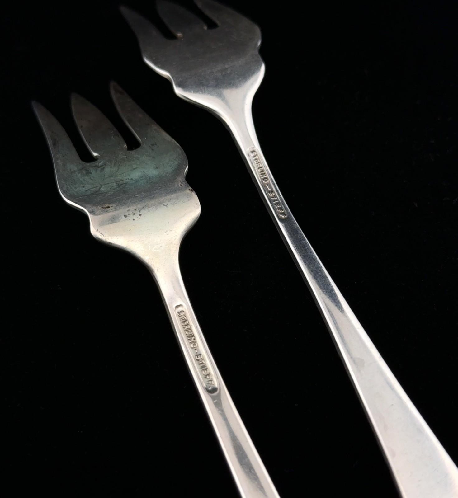 Pair of 6” Stieff 925 Sterling Silver Rose Old Style Pickle Fork Repousse 54g - Image 5