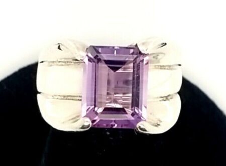 .925 Sterling Silver Amethyst Emerald Cut Ring 7.0 Grams Size-7