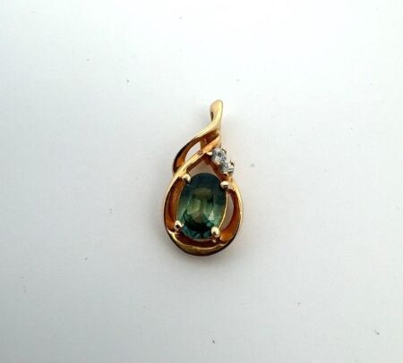 14k Y.G. Oval Green Sapphire w/ 2 Small Round White Topaz Swirl Pendant - 1.7g