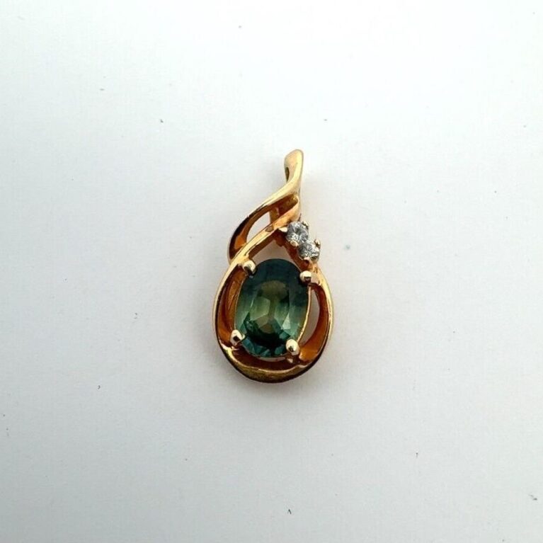 14k Y.G. Oval Green Sapphire w/ 2 Small Round White Topaz Swirl Pendant - 1.7g
