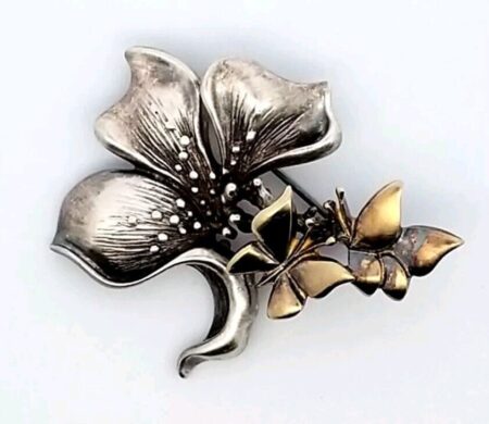 Vintage Sterling Silver Flower with Gold Tone Butterfly Brooch Pin 12.6 Grams