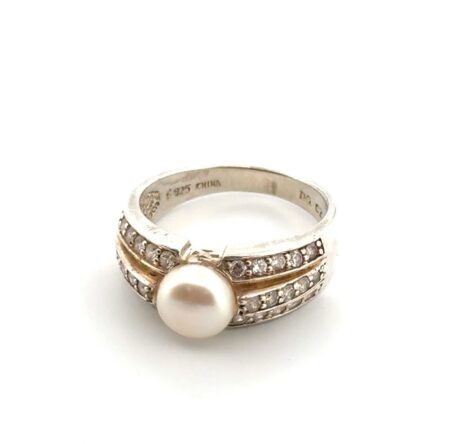 Size: 9.25 Vintage 925 Sterling Silver Cultured Pearl & CZ Ring 5.4g