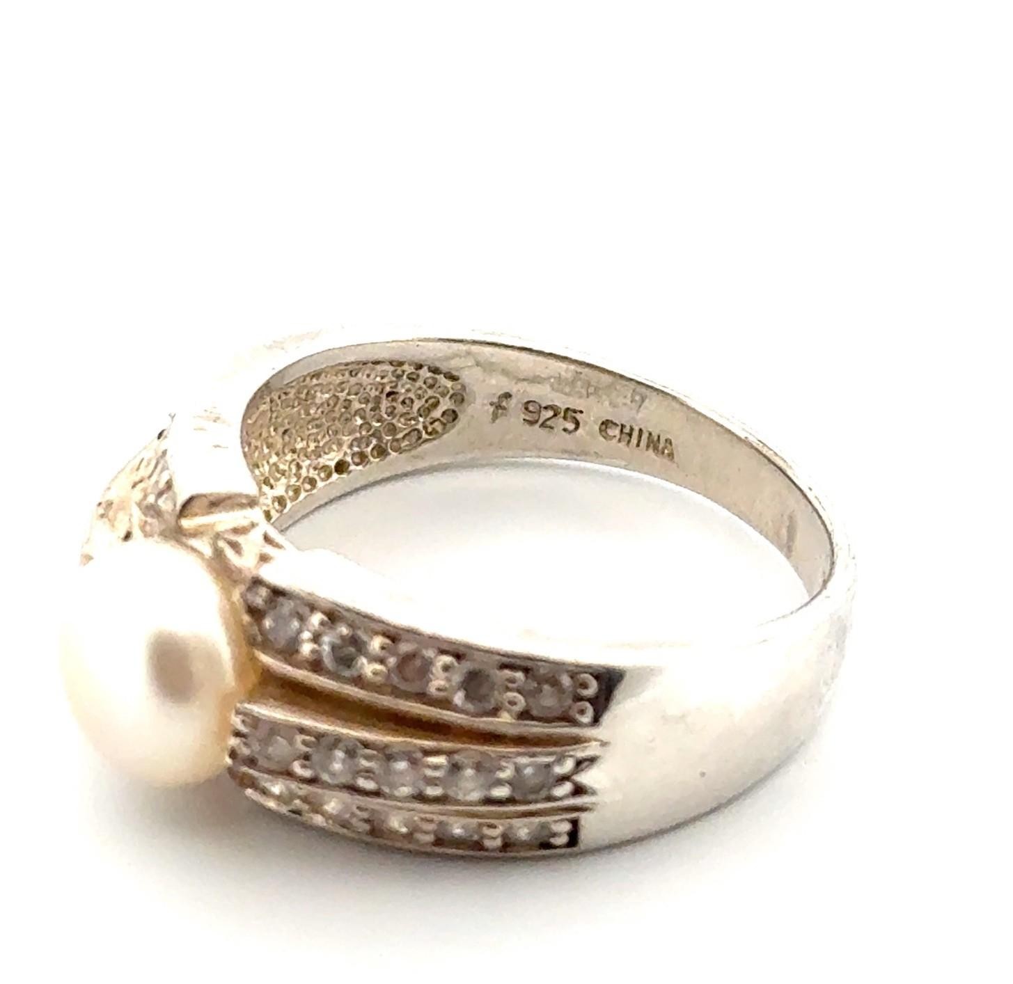 Size: 9.25 Vintage 925 Sterling Silver Cultured Pearl & CZ Ring 5.4g - Image 4