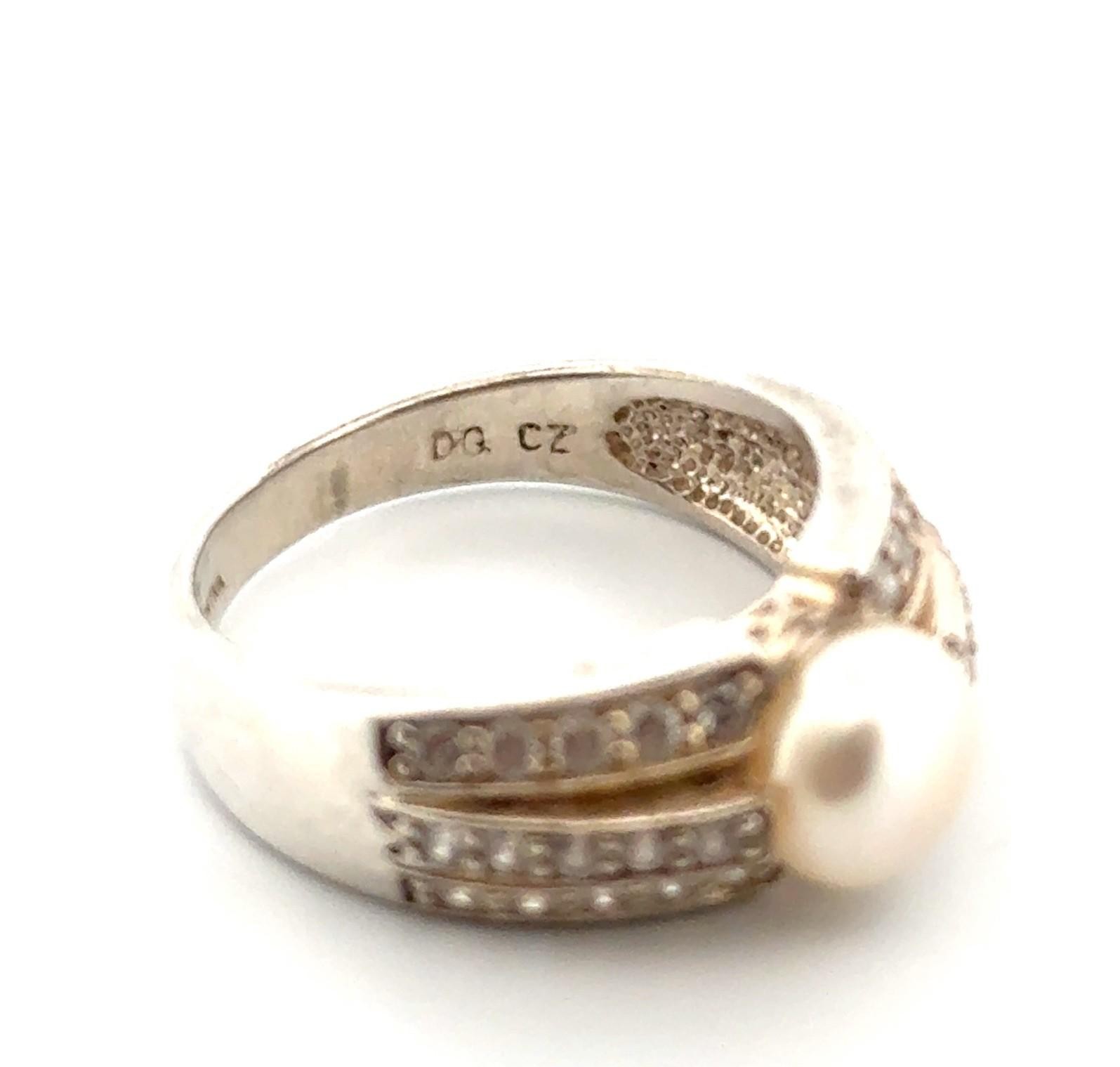 Size: 9.25 Vintage 925 Sterling Silver Cultured Pearl & CZ Ring 5.4g - Image 5