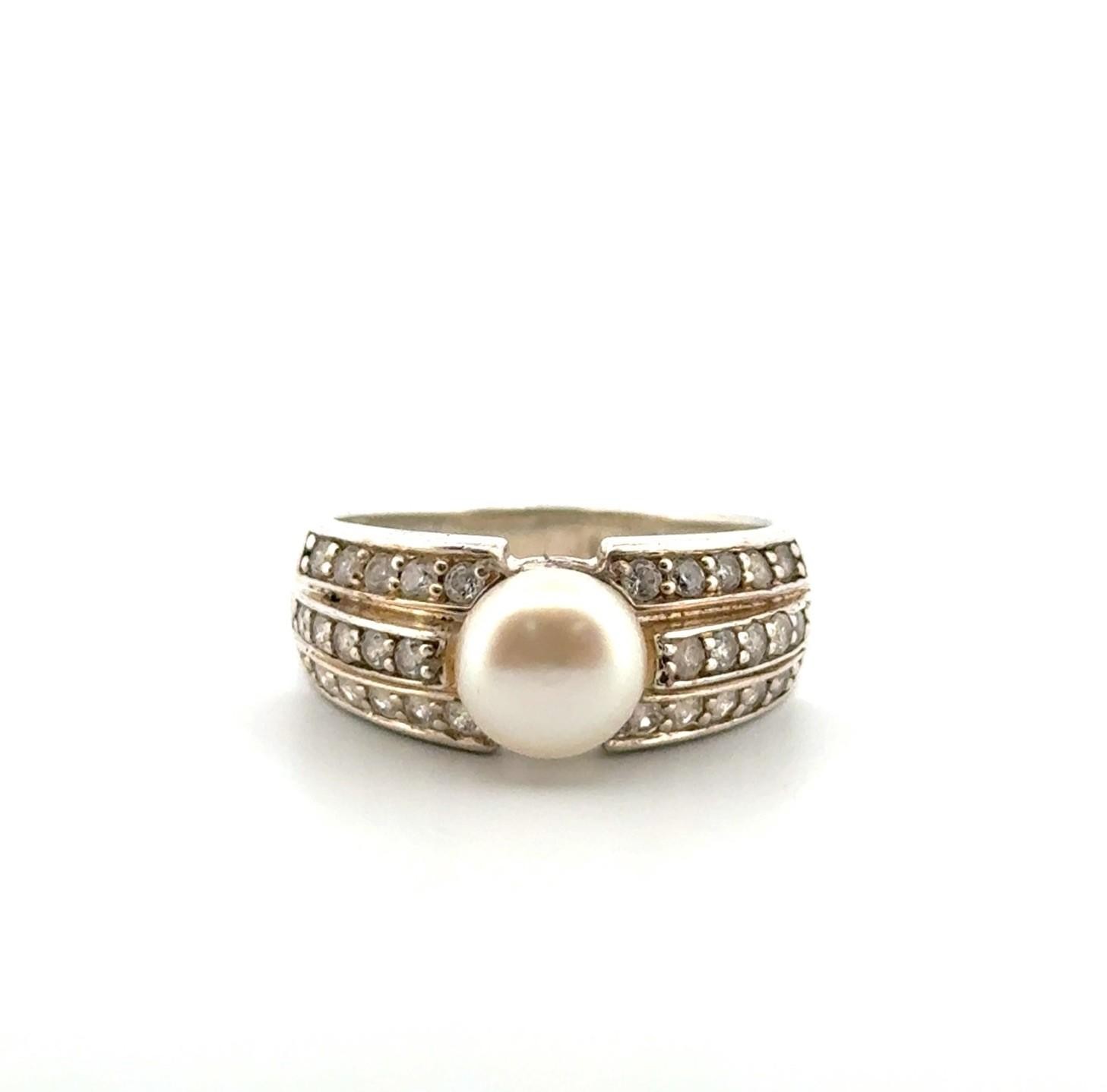 Size: 9.25 Vintage 925 Sterling Silver Cultured Pearl & CZ Ring 5.4g - Image 7