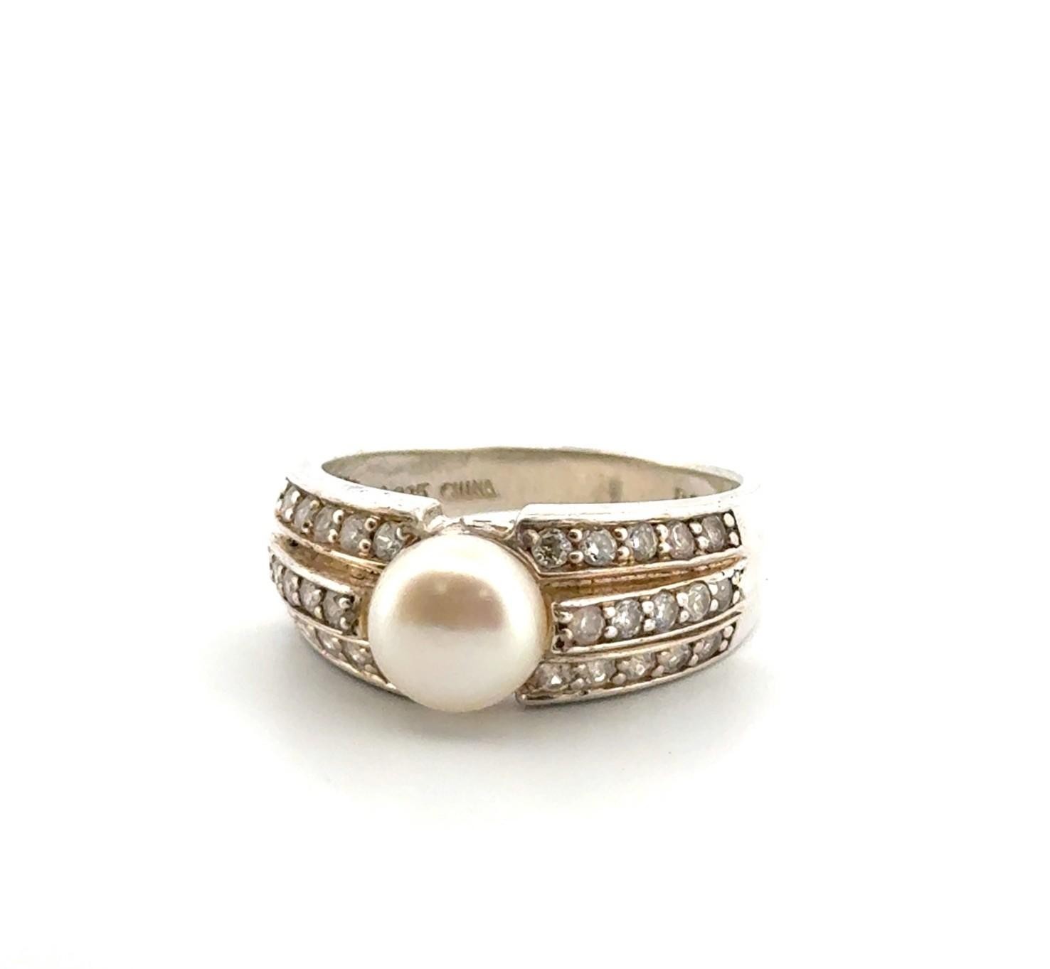 Size: 9.25 Vintage 925 Sterling Silver Cultured Pearl & CZ Ring 5.4g - Image 8