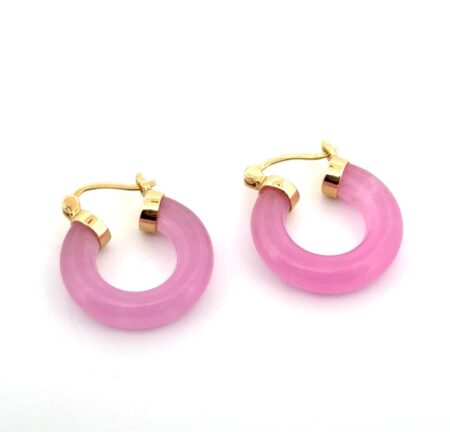 14k Yellow Gold Small Pink Jade Hoop Earrings 6.4g