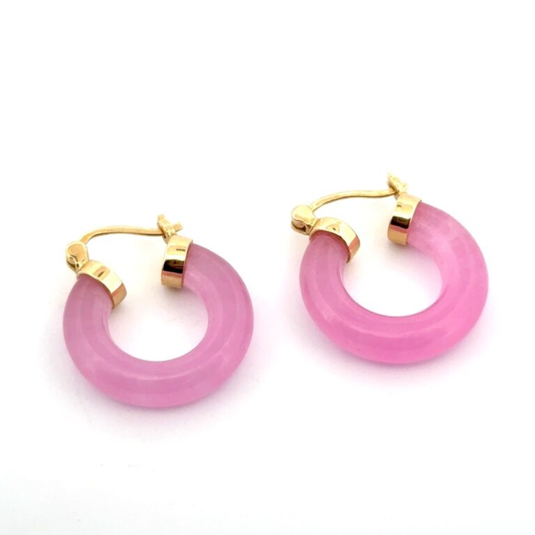 14k Yellow Gold Small Pink Jade Hoop Earrings 6.4g