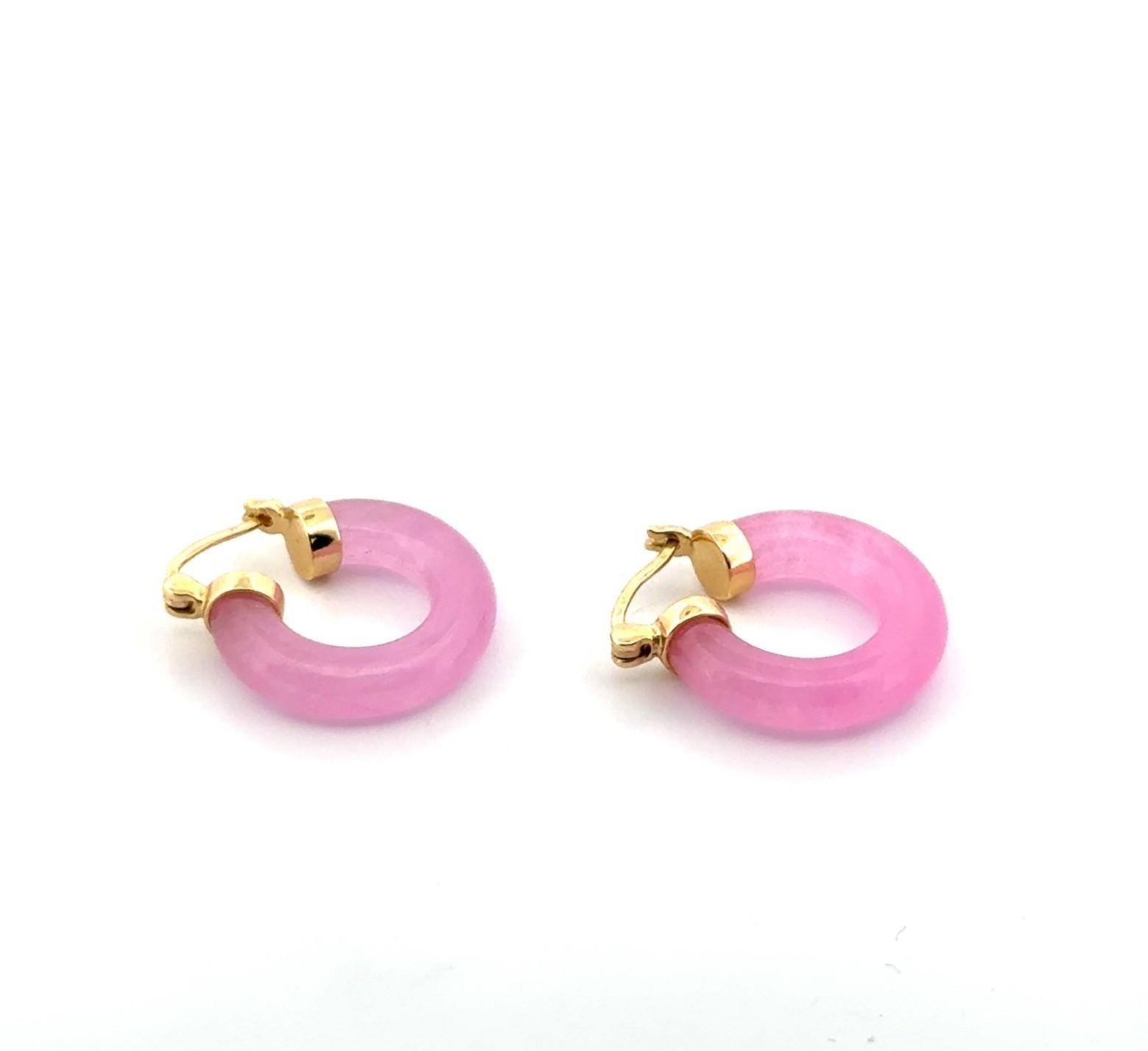 14k Yellow Gold Small Pink Jade Hoop Earrings 6.4g - Image 2