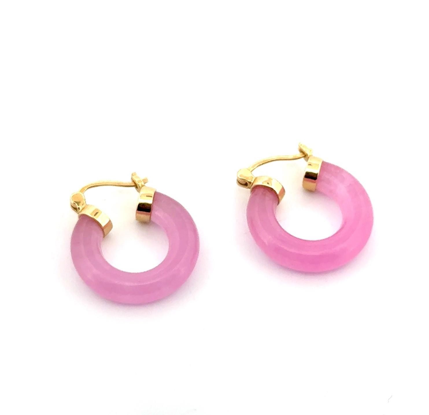 14k Yellow Gold Small Pink Jade Hoop Earrings 6.4g - Image 3