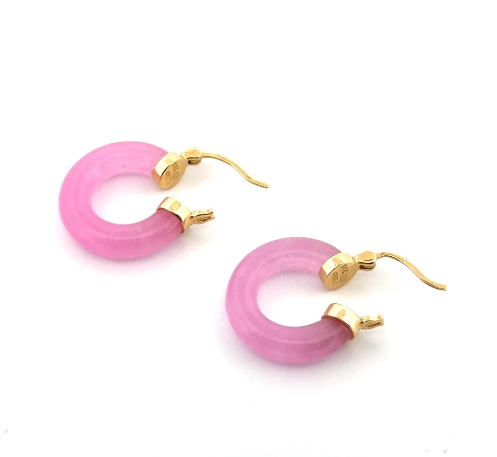 14k Yellow Gold Small Pink Jade Hoop Earrings 6.4g - Image 4