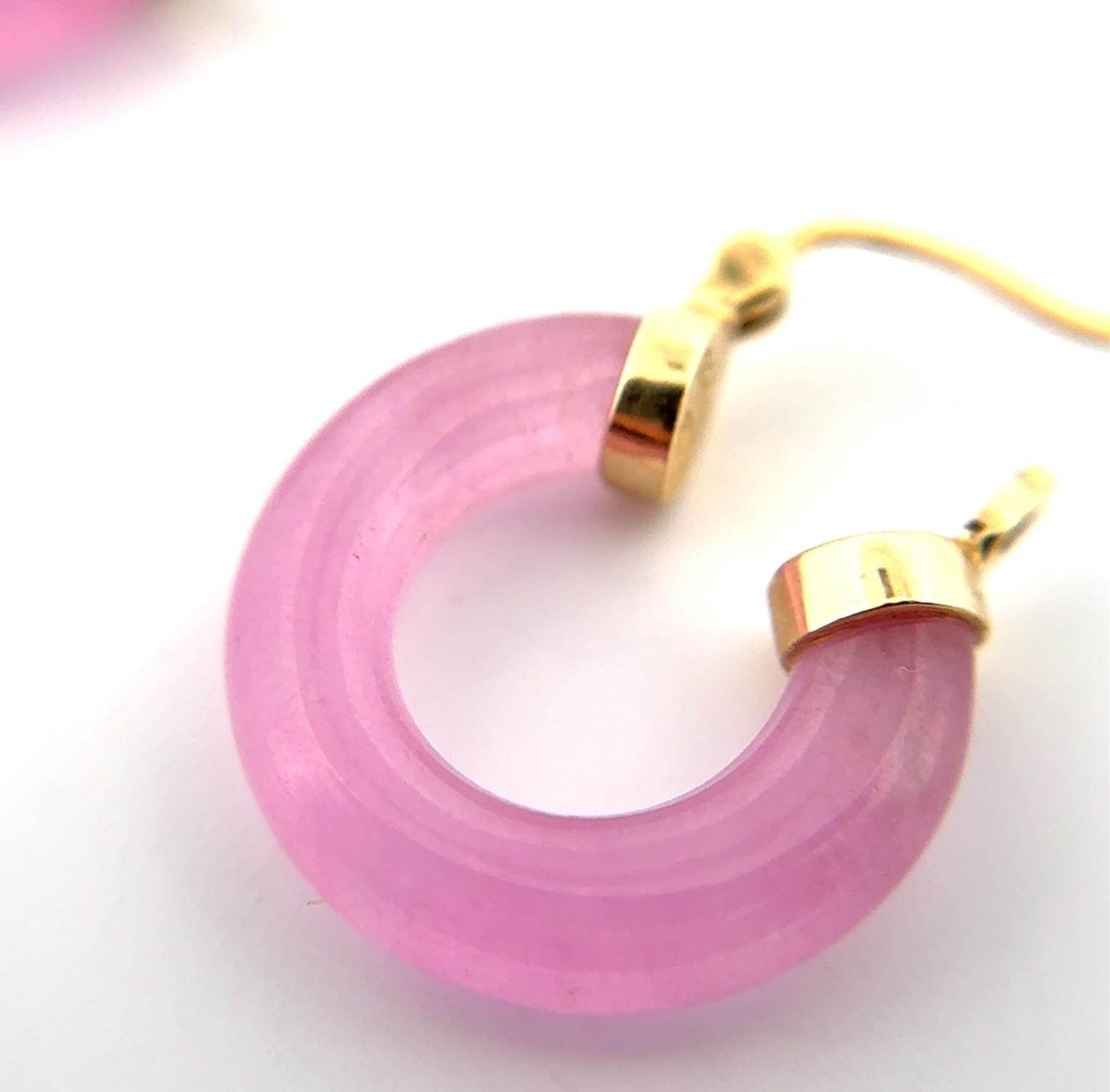 14k Yellow Gold Small Pink Jade Hoop Earrings 6.4g - Image 5