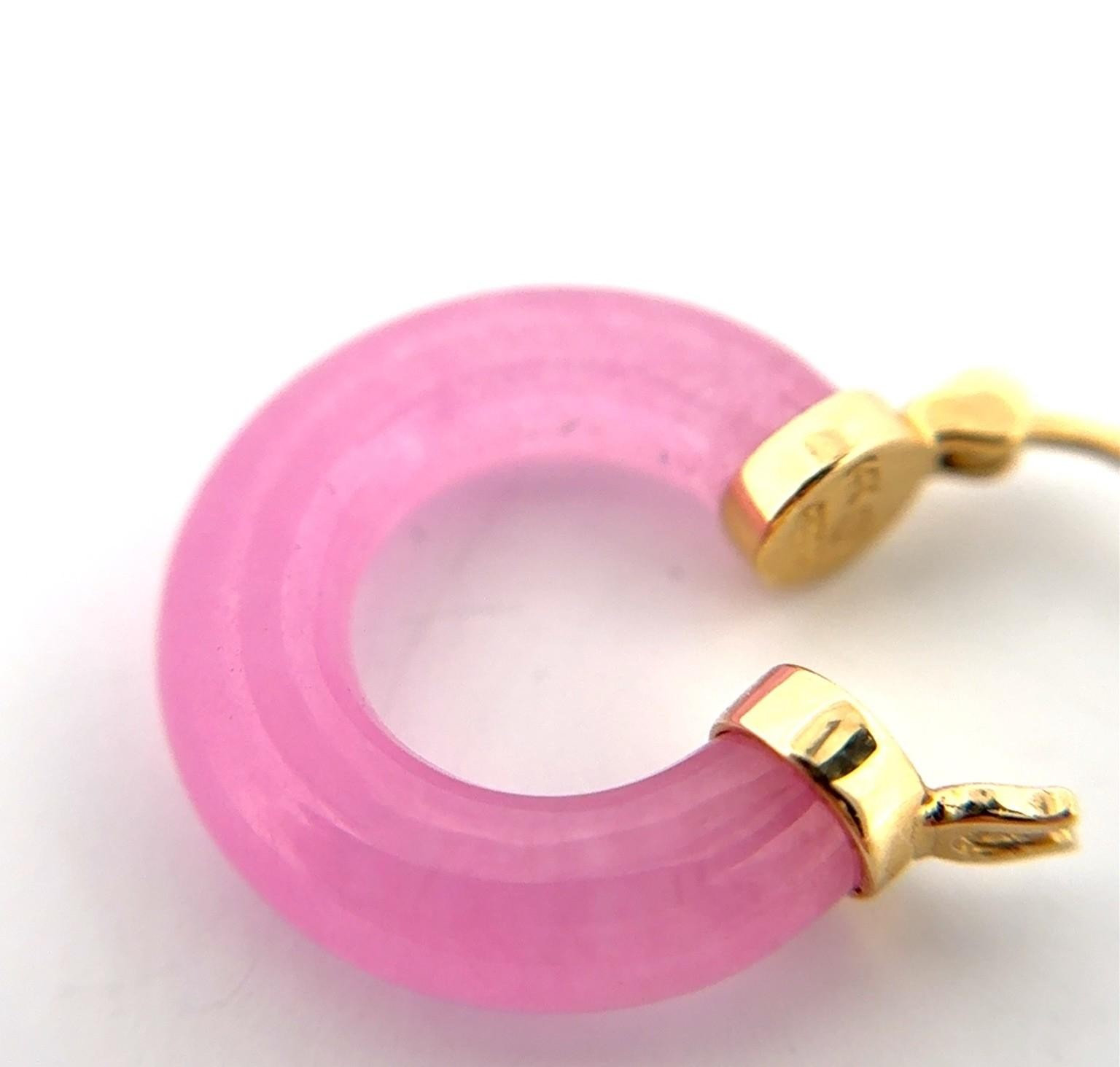 14k Yellow Gold Small Pink Jade Hoop Earrings 6.4g - Image 6